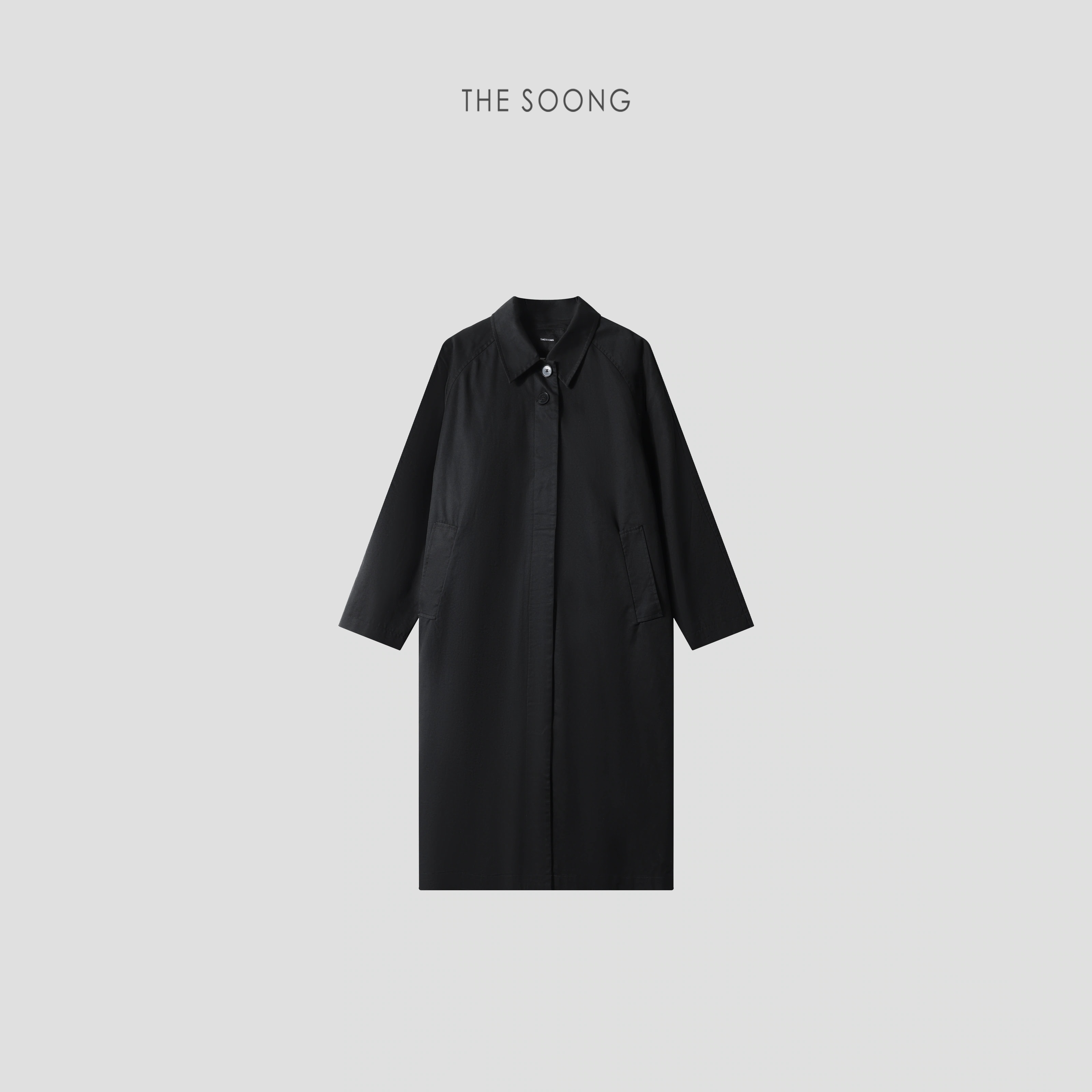 THESOONG “Airport Trench” Soft-Washed Black Twill Coat -3222