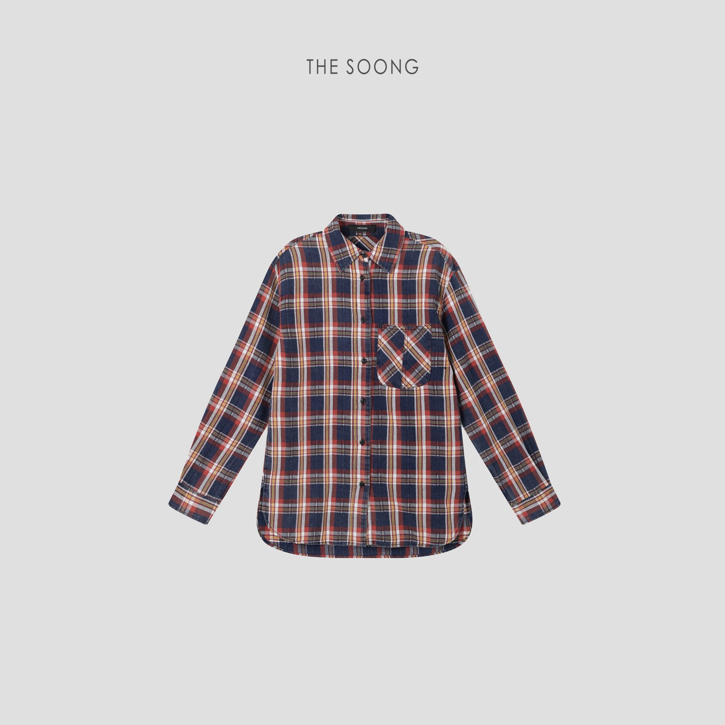 THESOONG Vintage Plaid Salt-Washed Denim Shirt - 7740