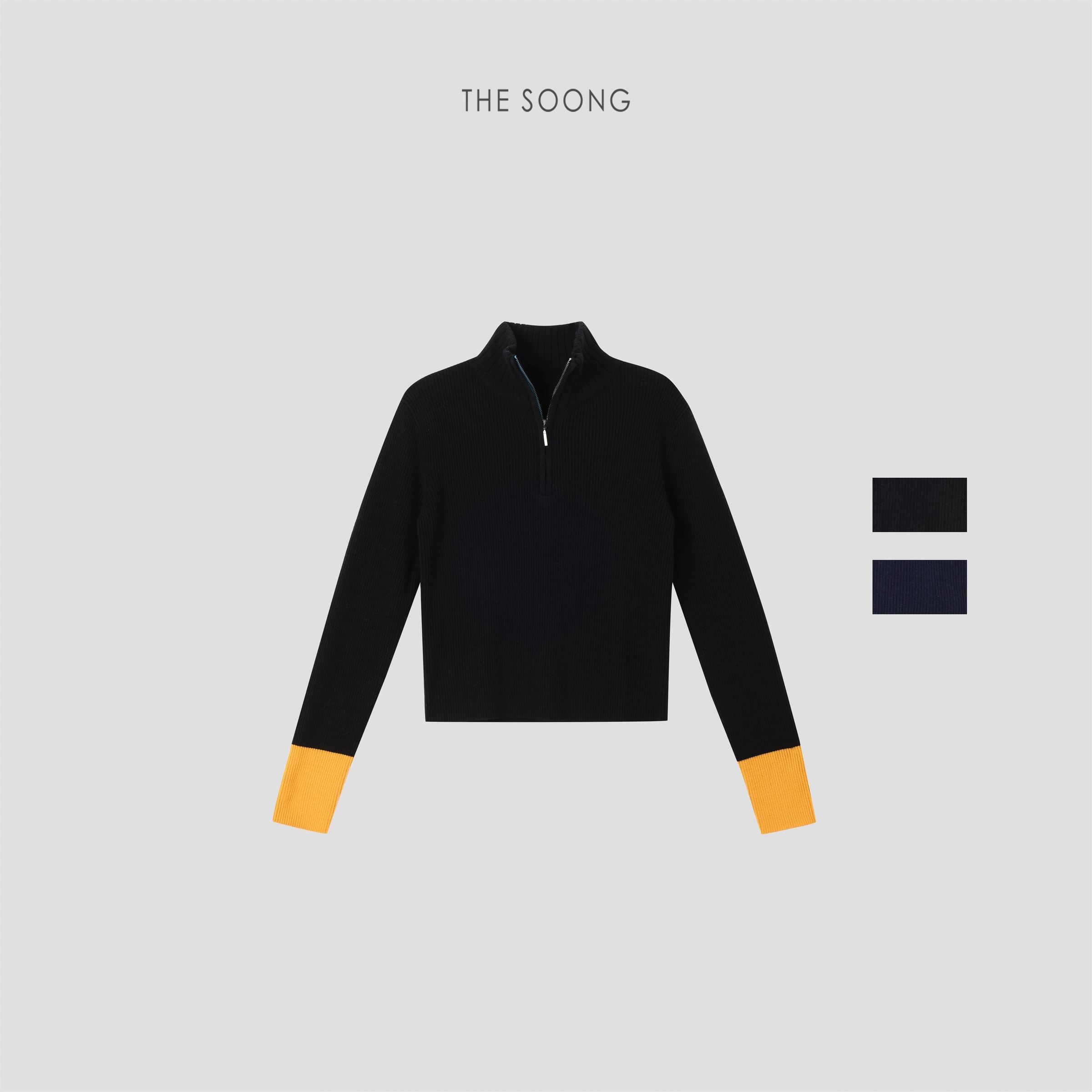 THESOONG 100% Wool Half-Zip Ribbed Stand-Collar Sweater - 8985