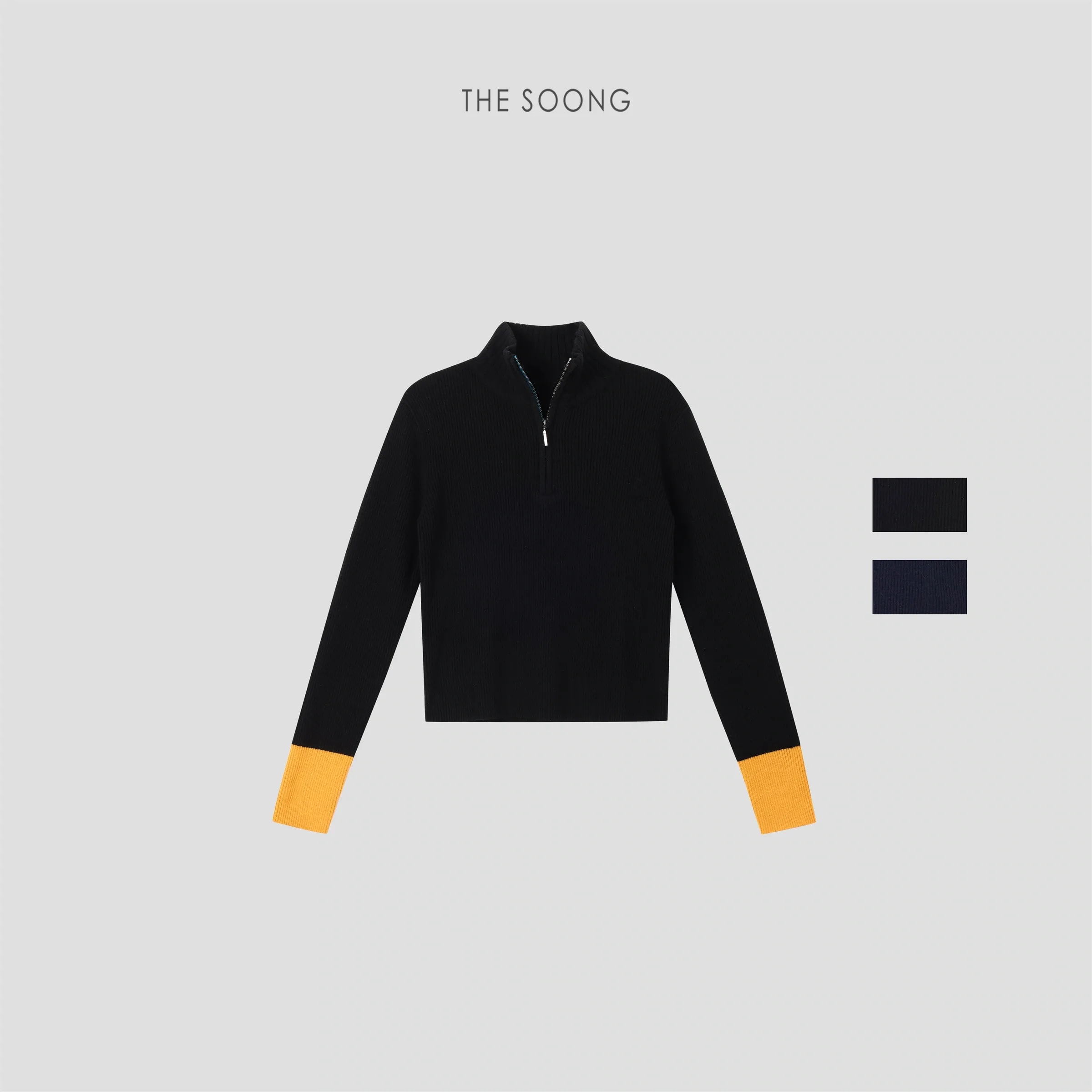 THESOONG 100% Wool Half-Zip Ribbed Stand-Collar Sweater - 8985
