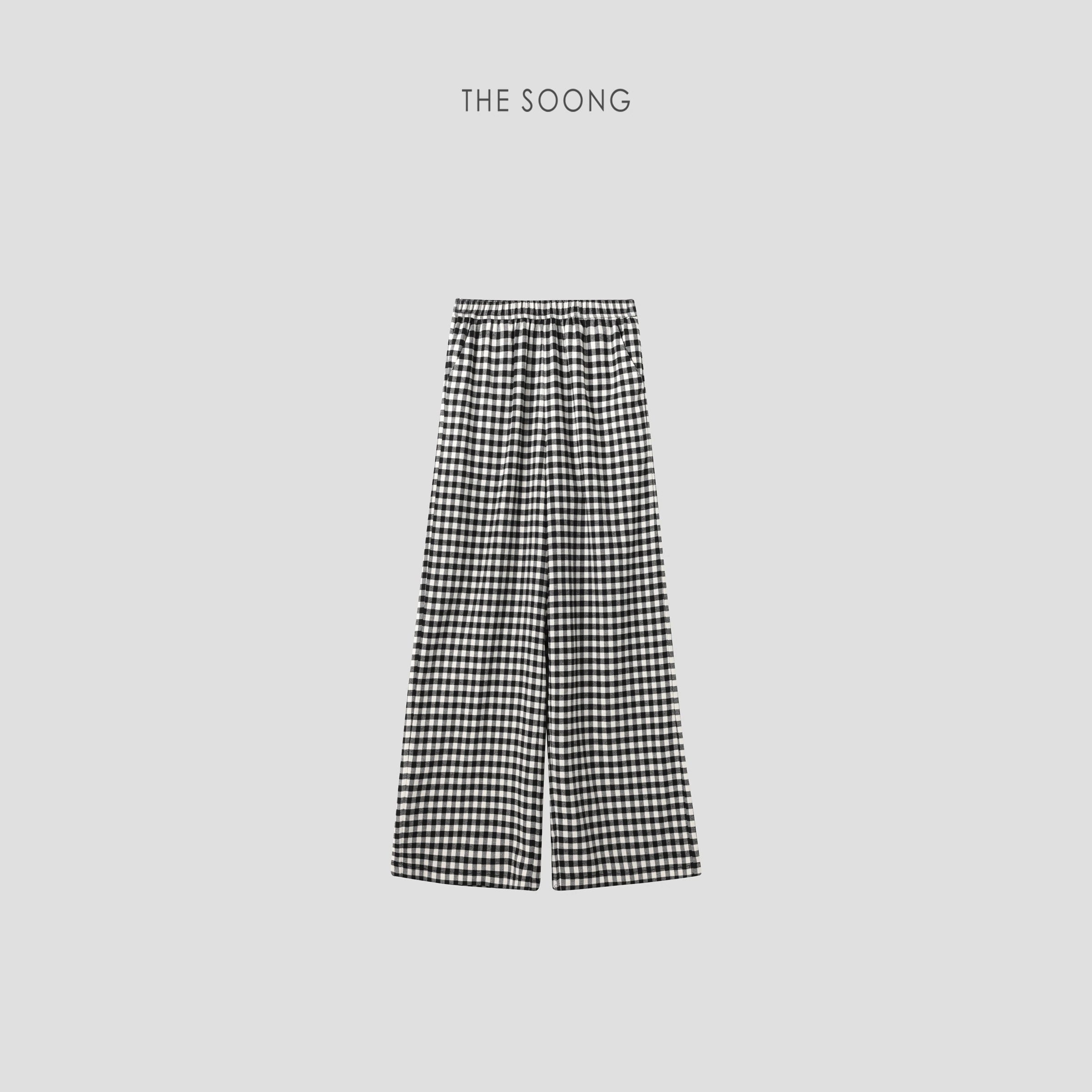 Plaid Trousers Classic Black-and-White Check Contrast Elastic Mid-Rise Casual Pants