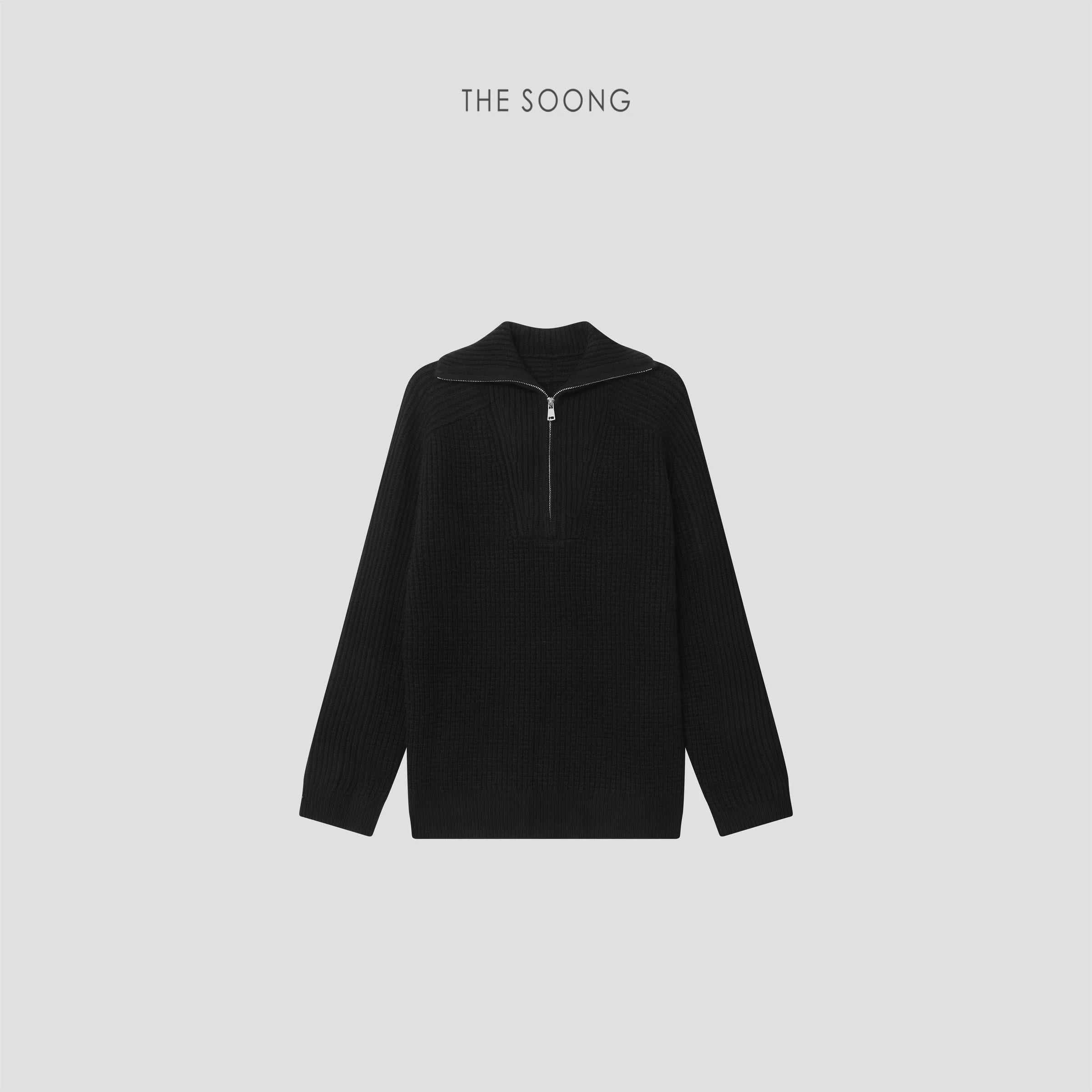 Autumn/Winter Black Textured Warm Knit Sweater with Half-Zip Mock Neck