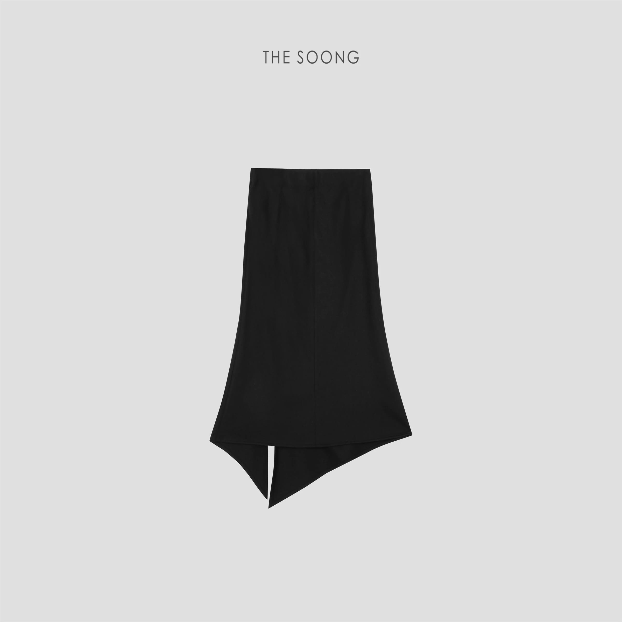 THESOONG “기하학적 스커트” 울 혼방 스트레치 비대칭 미디 스커트 - 9176
