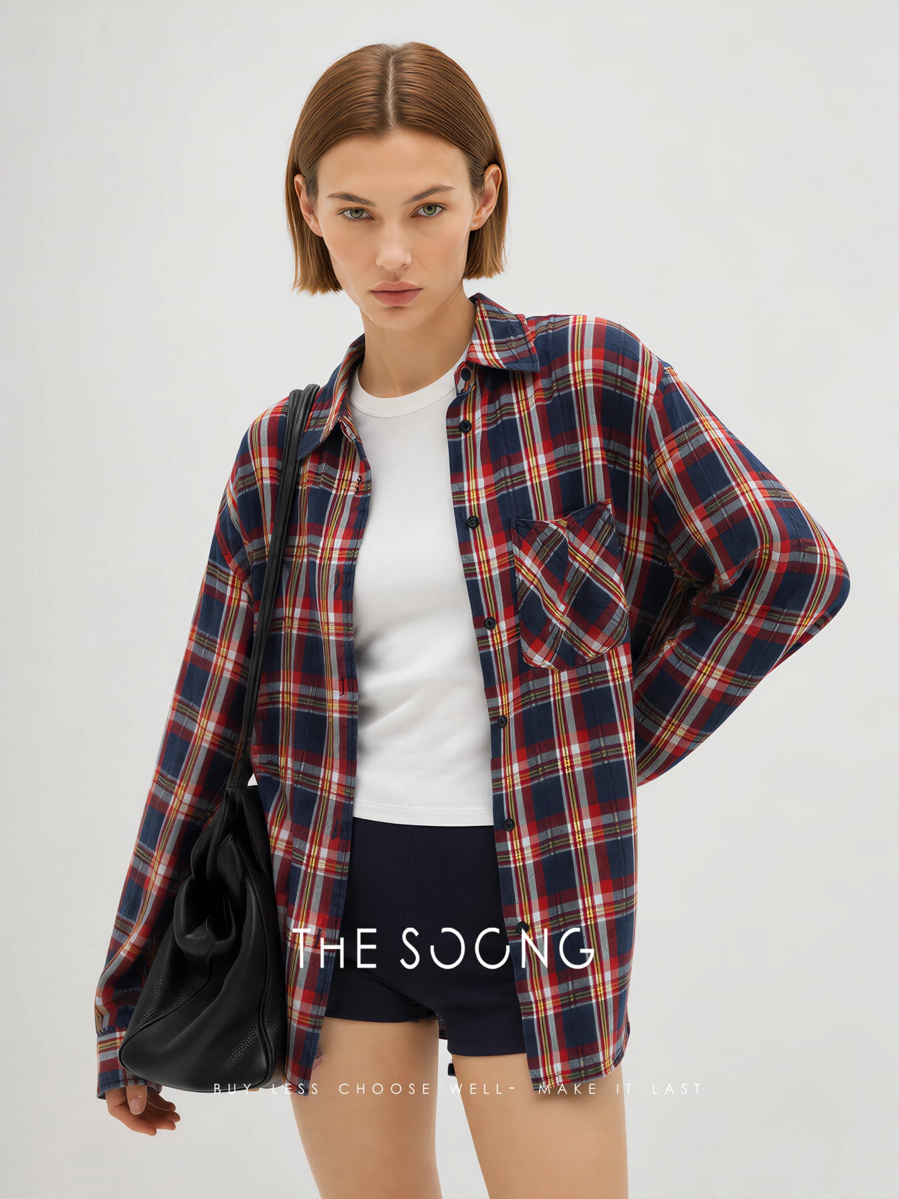 THESOONG Vintage Plaid Salt-Washed Denim Shirt - 7740 alternate view