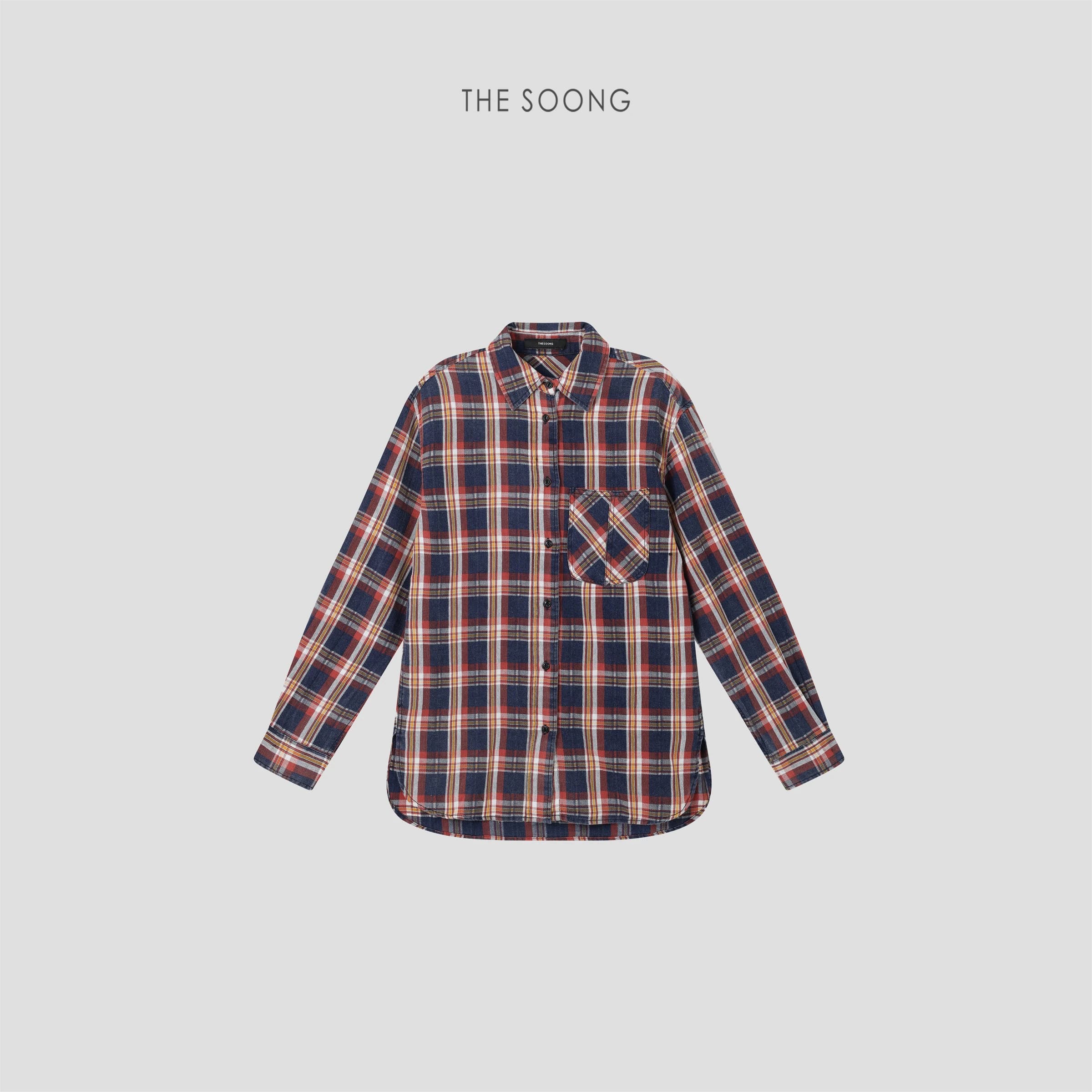 THESOONG Vintage Plaid Salt-Washed Denim Shirt - 7740