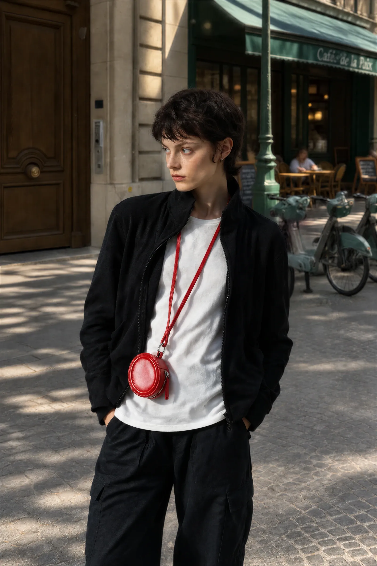 THESOONG black merino wool thermal jacket layered over a white top for a minimal black autumn outfit