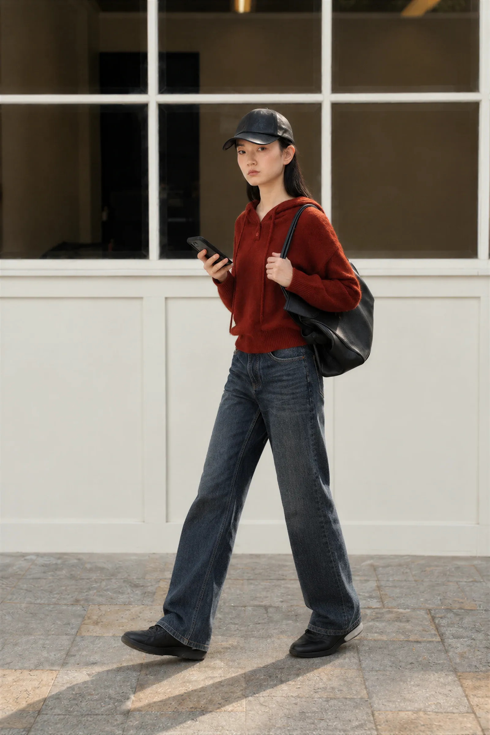 THESOONG deep red wool blend hooded knit styled with vintage dark denim for a relaxed autumn outfit