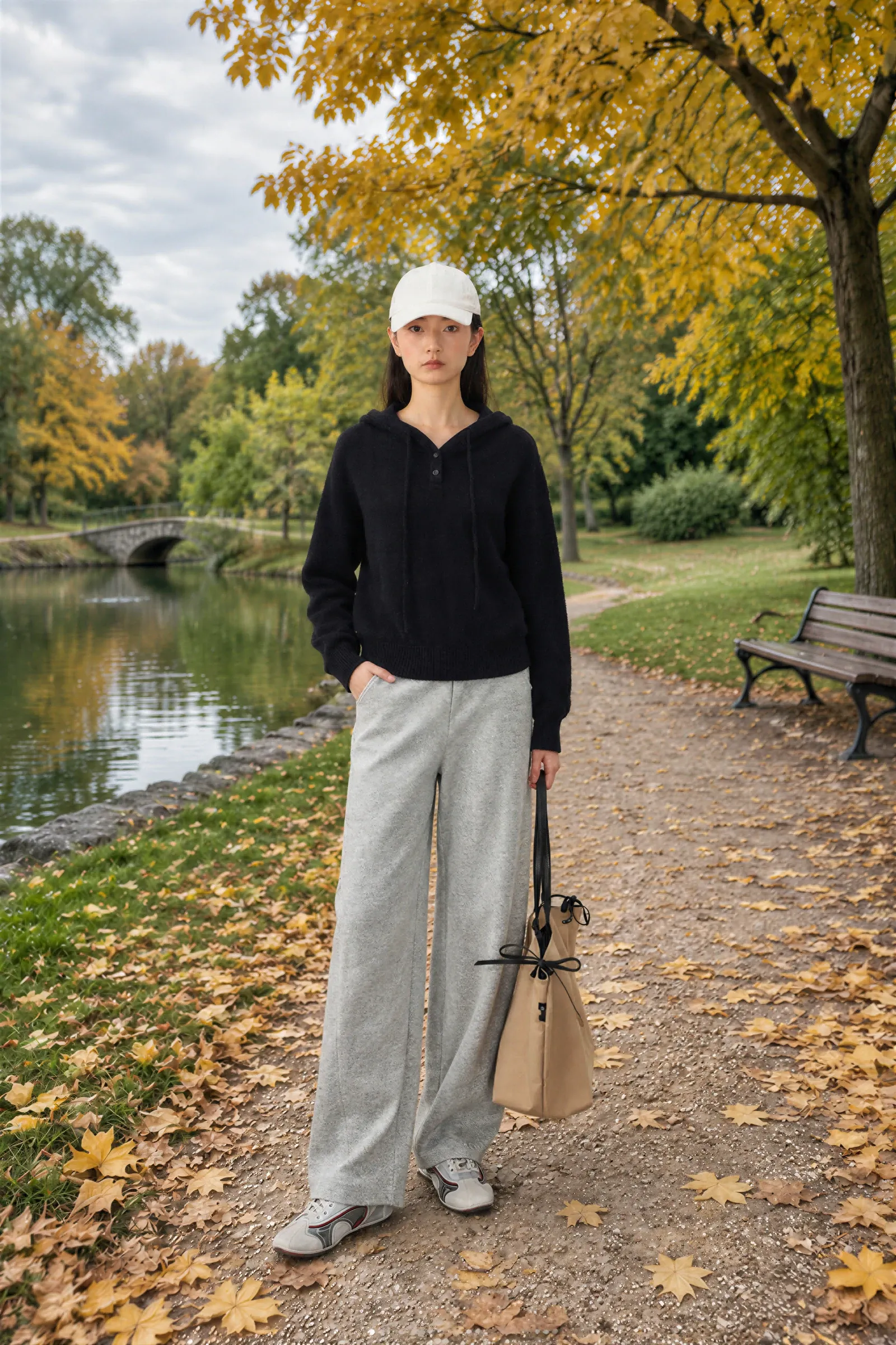 THESOONG black wool blend hooded knit styled with relaxed grey wool trousers for everyday autumn dressing